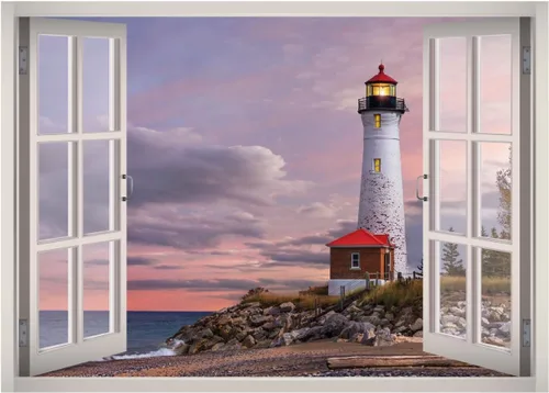Calcomanía de pared 3D con ventana con vista de faro, papel tapiz extraíble, vinilo para decoración del hogar, West Mountain™ W146 (pequeño (24