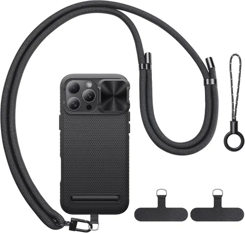 BXYJY Funda para iPhone 16 Pro Max con correa y soporte, cordón cruzado para teléfono para mujeres y hombres, magnética, cubierta de cámara