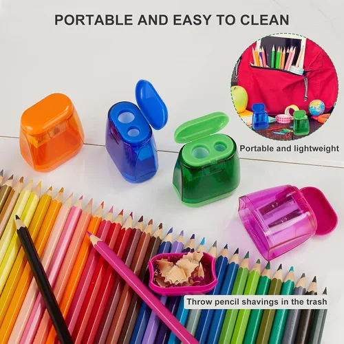 Miniatura 11 de Sonuimy Sacapuntas manuales, 4 sacapuntas manuales, doble agujero, compacto, de color, sacapuntas de mano para niños con tapa, adultos, estudiantes