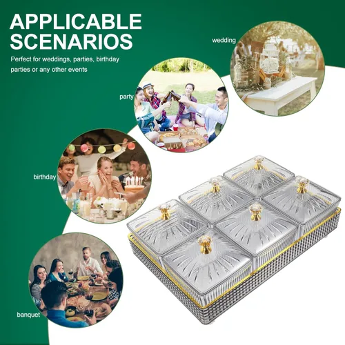 Miniatura 9 de Ipetboom Bandeja de frutas secas con tapa, 6 compartimentos para servir nueces y dulces, bandeja de aperitivos, caja de almacenamiento de alimentos