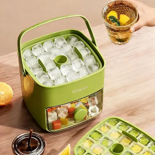 Miniatura 5 de Bandeja compacta para cubitos de hielo con tapa y contenedor, mini máquina de cubitos de hielo tipo prensa para congelador, cubo de hielo pequeño