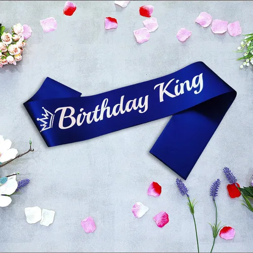 Miniatura 3 de Banda de cumpleaños King azul real, banda de cumpleaños de papel de aluminio plateado para King divertidas decoraciones de fiesta de cumpleaños