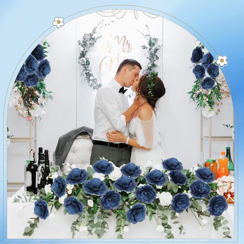 Miniatura 7 de 200 flores artificiales de seda falsa de 3 pulgadas con tallo de esmeralda, rosa sintética y tallo de 6 pulgadas para boda, ramo de novia, Azul