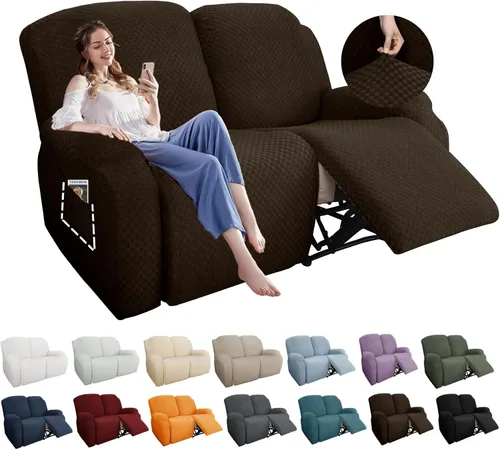 Miniatura 18 de YEMYHOM Funda elástica de 4 piezas para silla reclinable de jacquard con bolsillo lateral, antideslizante, ajustable, protector de muebles con parte