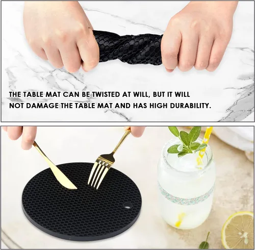 Miniatura 9 de Paquete de 4 salvamanteles de silicona para ollas y sartenes calientes, soportes negros para ollas calientes, tapetes de silicona antideslizantes