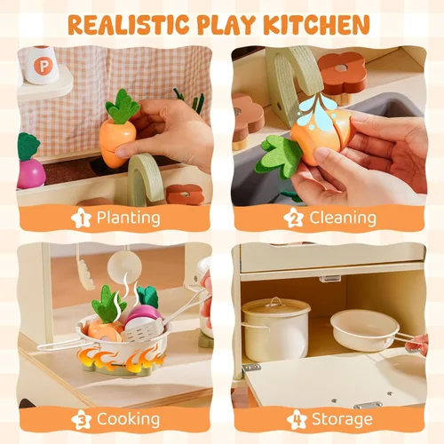 Miniatura 3 de ROBUD Juego de Cocina de Madera para Jugar, Cocina de Juego de Simulación para Niños, Cocina de Juguete con Microondas, Fregadero, Estufa y Máquina