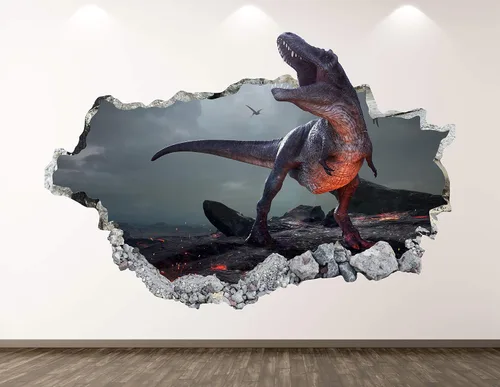 Calcomanía de pared de dinosaurio, decoración artística 3D, volcán destrozado, mural, regalo personalizado BL113 (22 pulgadas de ancho x 14 pulgadas