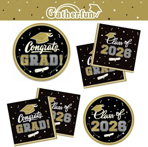 Miniatura 7 de Decoraciones de graduación de clase de 2026, juego de vajilla de fiesta de graduación de graduación negro y dorado, platos de papel desechables
