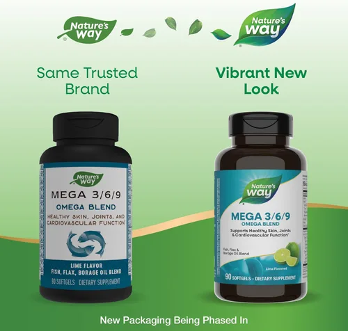 Miniatura 2 de Nature's Way MEGA 3/6/9 Omega Blend, sin OMG, pescado Lino Borraja Aceites, sabor a lima, 90