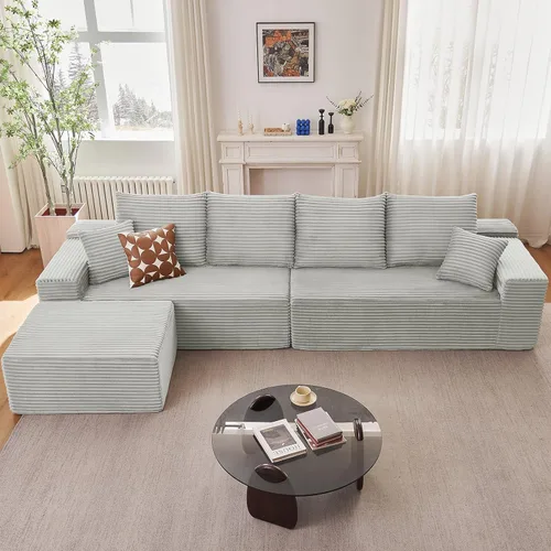 Miniatura 39 de Sofá seccional modular de 96", sofá en forma de L tipo nube sin estructura con chaise lounge, tapizado de pana con asiento profundo de espuma Negro