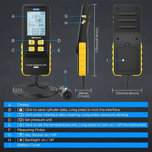 Miniatura 9 de AUTOOL Juego de medidor de compresión digital automotriz, 0-426PSI 0~29bar para kit de herramienta de prueba de compresión de cilindro de motor