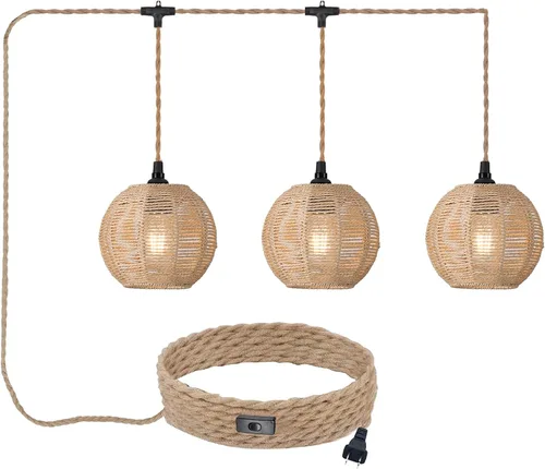 Miniatura 10 de Lámpara Colgante Enchufable de 15 pies con Cable, Interruptor Regulable, Lámpara Colgante de Ratán con Mimbre Tejido a Mano, Candelabro Enchufable