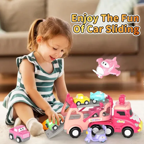 Miniatura 3 de newcrave - Juguetes de camiones para niñas de 1, 2, 3 años, juguetes de autos transportadores 7 en 1 para niñas pequeñas de 1-2, 2-3 años, juguete