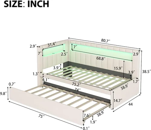 Miniatura 2 de Cama de plataforma tapizada de tamaño individual con puertos USB y luces LED, sofá cama con nido y cabecera en forma de L, cama esquinera suave