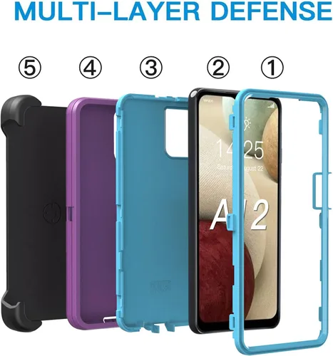 Miniatura 6 de Funda resistente para Samsung Galaxy A12, con clip, a prueba de golpes y caídas, a prueba de polvo, morado y azul cielo