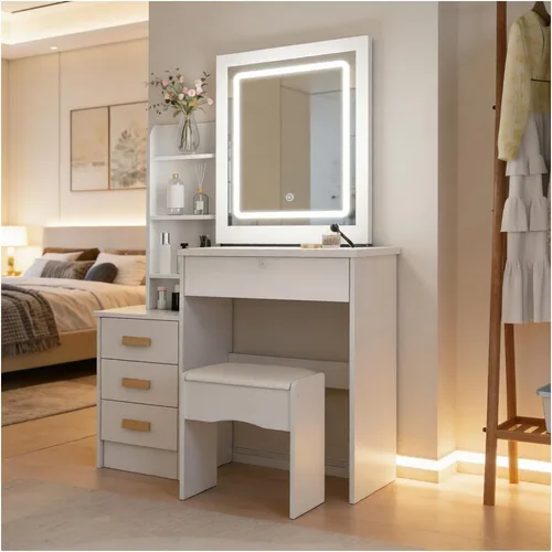 Miniatura 9 de Pequeño escritorio de maquillaje con espejo LED deslizante y almacenamiento oculto, juego de mesa de tocador con cajón de almacenamiento y silla