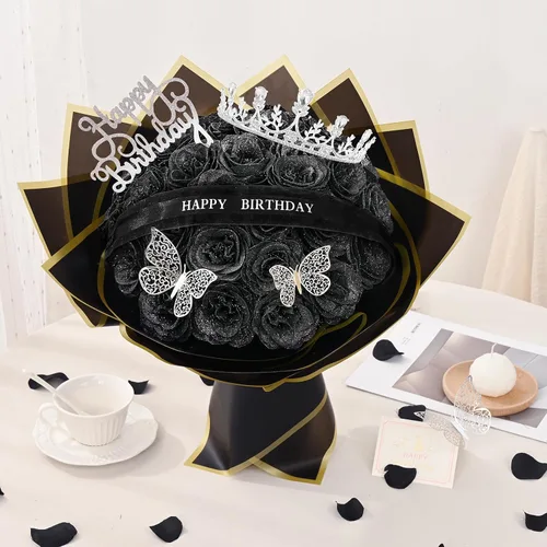 Miniatura 2 de Waipfaru Ramo de rosas con purpurina, regalos de cumpleaños para mujeres y madres, ramo de flores falsas con letreros de cumpleaños, 36 rosas negras