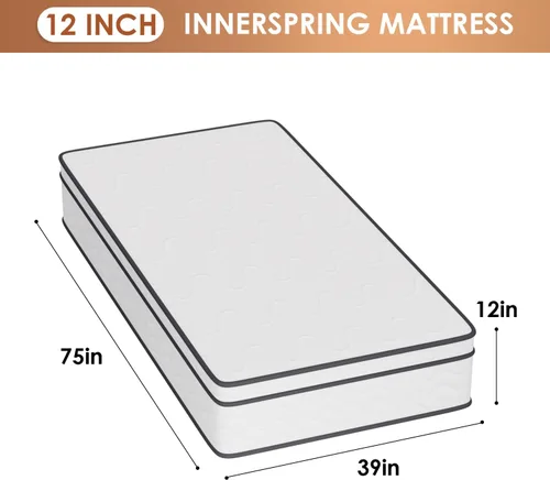 Miniatura 2 de PayLessHere Colchón individual de 12 pulgadas Colchón híbrido de firmeza media Blanco con espuma de alta densidad y funda transpirable