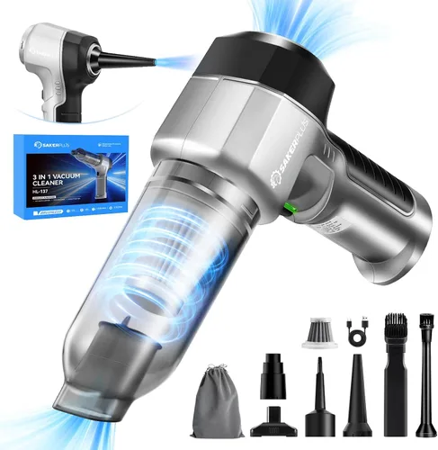 SakerPlus Aspiradora Mini, Aspirador de Coche 3 en 1 de Alta Potencia, Succión Potente de 15000PA, Aspiradora de Aire y Polvo, 7500mAh, Filtro Dual,