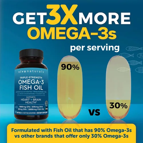 Miniatura 4 de Viva Naturals Aceite de Pescado Omega-3, Triple Fuerza, 2500 mg, 30 Cápsulas Blandas – Ácidos Grasos Omega 3 Re-Esterificados Incluyendo EPA, DHA