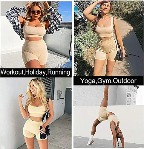 Miniatura 4 de TWFRHC - Conjunto de entrenamiento para mujer, acanalado, de 2 piezas, sin costuras, cintura alta, atuendo para gimnasio, pantalones cortos de yoga