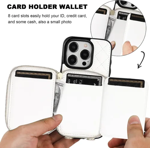 Miniatura 4 de Bocasal Funda tipo cartera cruzada para iPhone 15 Pro, Bolso Cartera con Cremallera de Cuero PU con Bloqueo RFID, Funda Tipo Libro con Tapa Blanco