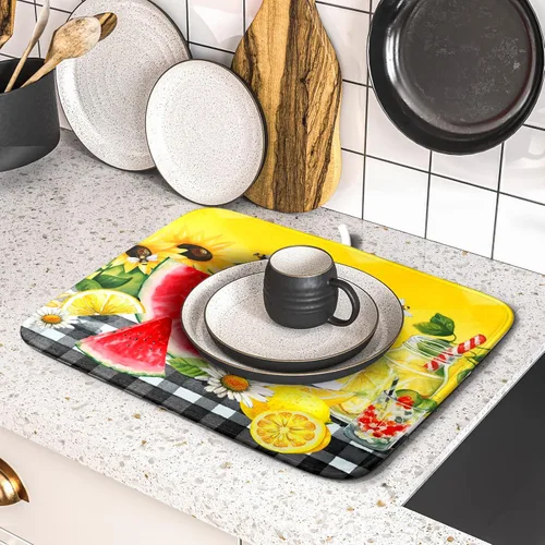 Miniatura 5 de Tapete de Secado de Platos de Sandía de Verano de Microfibra, Tapetes Escurridores de Platos de Cuadros de Búfalo de Limón Amarillo 16x18 Pulgadas