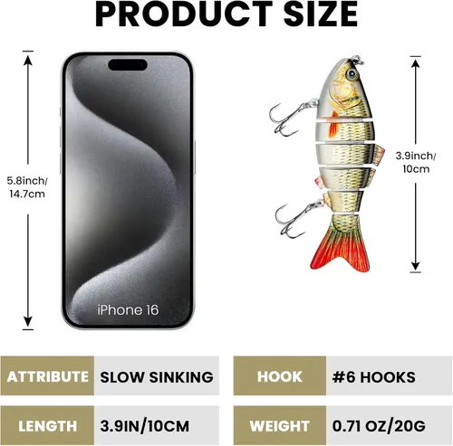 Miniatura 5 de Bass Fishing Lure for Freshwater and Saltwater Lifelike Fishing Lures Multi Jointed Swimbait for Bass Trout Crappie Walleye Pike Fishing Gifts for