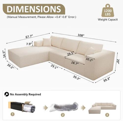 Miniatura 2 de Sofá seccional modular de 108" — Sofá nube de gran tamaño con chaise en forma de L, seccional modular tapizado de 3 asientos para sala de estar