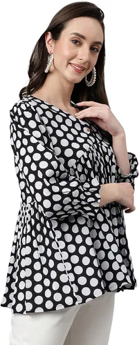 Miniatura 6 de Janasya Top Peplum de algodón negro con estampado de lunares para mujer india