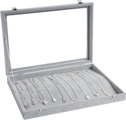 Wudygirl Organizador de collares de terciopelo con 20 ganchos, escaparate para collares, joyero, apilable, parte superior de cristal con cerradura