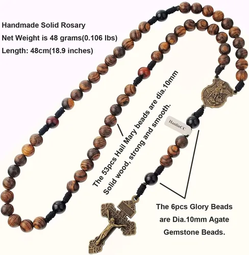 Miniatura 2 de HanlinCC Cuentas de madera maciza hechas a mano de 0.394 pulgadas con piedra de ágata, collar de rosario católico para hombres con pieza central