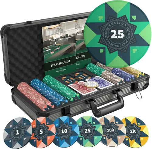 Bullets Playing Cards | Juego de póquer profesional Paulie | 300 fichas de póquer de cerámica (0.35 oz) + placas de cerámica con estuche premium -