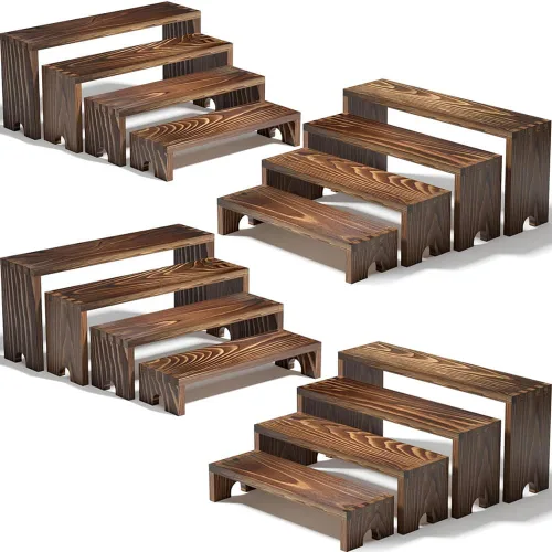 Miniatura 15 de Juego de 2 soportes elevadores escalonados grandes de madera negra para eventos de proveedores, soporte apilable de madera para cupcakes, juego