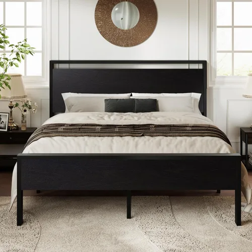 Allewie Base de cama de plataforma tamaño Queen con cabecera y estribo de madera, soporte de 12 listones de metal resistente, no necesita somier,