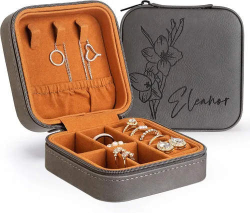 Miniatura 11 de Joyero de cuero personalizado con nombre y mes de la flor de nacimiento, regalos de cumpleaños para mujeres, estuche de viaje de joyería Negro
