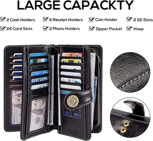Miniatura 4 de INSIFEEL Billetera pequeña para mujer, bolso compacto de cuero con bloqueo RFID RFID para mujer, Negro, Retro