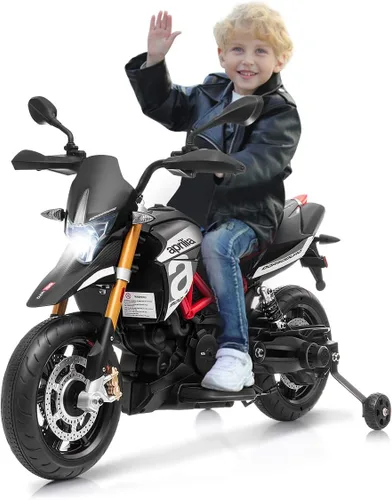Costzon Motocicleta para niños de 12 V, motocicleta eléctrica Aprilia con licencia para montar con ruedas de entrenamiento, suspensión de resorte,
