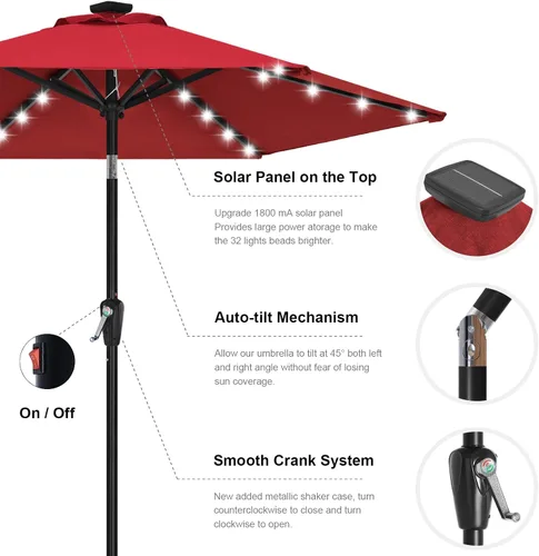 Miniatura 8 de ABCCANOPY Sombrillas solares duraderas para patio con 24 luces LED de 7.5 pies con 6 varillas resistentes (borgoña)