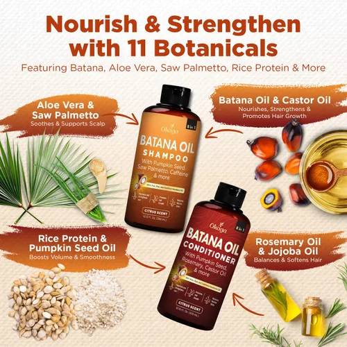 Miniatura 3 de Paquete de Champú y Acondicionador de Aceite de Batana (Set de Ducha Okaaga) con Jugo de Hoja de Aloe Vera, Serenoa, Cafeína, Biotina, Jojoba
