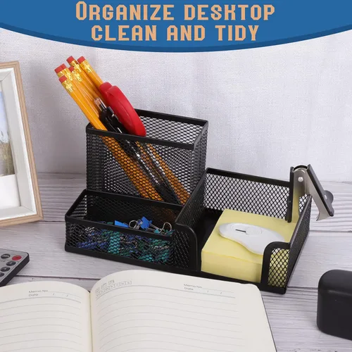 Miniatura 6 de Ludato Organizador de escritorio de malla para lápices, 3 compartimentos, soporte de malla negra para bolígrafos, almacenamiento para accesorios