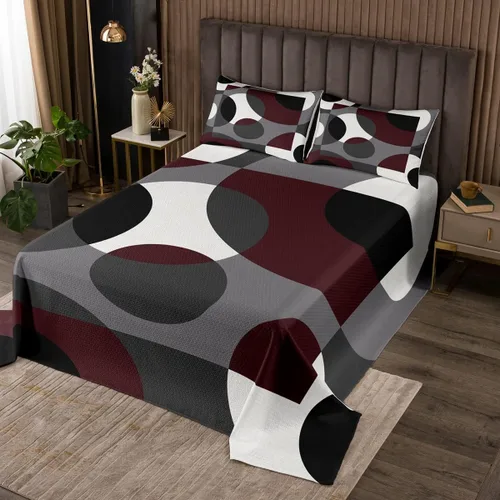 Erosebridal Juego de colcha geométrica roja acolchada de círculo, diseño de líneas de remolinos abstractos, diseño retro, con ojales, geométrico,