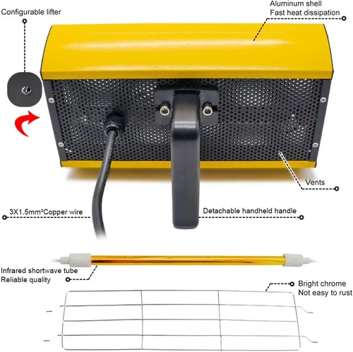 Miniatura 4 de DATOUBOSS Lámpara portátil de curado de pintura por infrarrojos 2000w Lámpara de horneado de pintura por infrarrojos de mano Luz de calentamiento