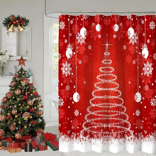 Miniatura 9 de Cortina de ducha de Navidad, cortinas de ducha azules con copos de nieve de Navidad para decoración de baño, cortina de ducha azul de vacaciones