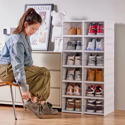 Miniatura 9 de GUDEMAY Caja de almacenamiento de zapatos con tapa frontal, sin montaje, apilable, organizador de zapatos con puerta transparente, estante