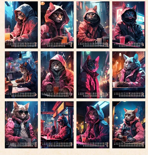 Miniatura 2 de Calendario de pared 2025 [12 páginas de 8 x 12 pulgadas] Gatos con coloridas chaquetas y gafas de sol Cyberpunk Póster de ilustración de libro