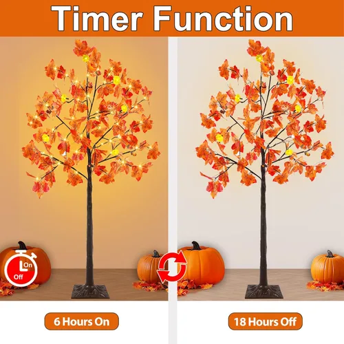 Miniatura 2 de Control remoto y temporizador, decoración de otoño, paquete de 2 unidades, árbol de arce artificial preiluminado de otoño de 4 pies para el hogar
