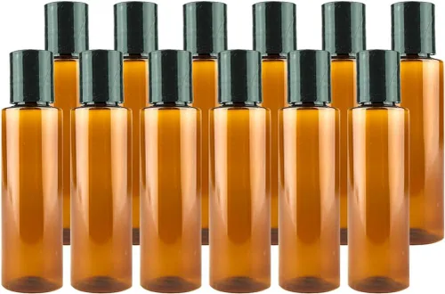 Miniatura 15 de Botellas de plástico ámbar (paquete de 12) – Botella de plástico ámbar de 1 onza con tapas de rosca; se utiliza como champú reutilizable, loción