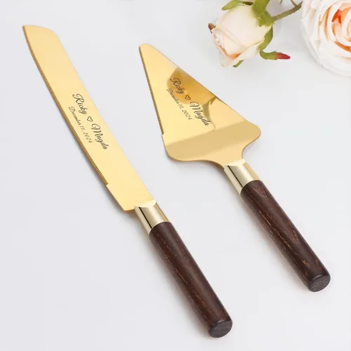 Miniatura 9 de Juego de corte de pasteles personalizado para bodas, cuchillos de pastel y servidor, grabado gratis, cortador de pastel de postre de madera Plateado