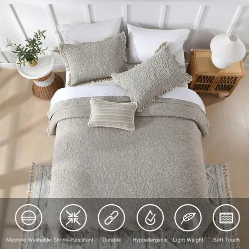 Miniatura 3 de HORIMOTE HOME Edredón beige con volantes, tamaño individual, microfibra lavada a la piedra, ligera, arrugada, rústica, desgastada, elegante, 2
